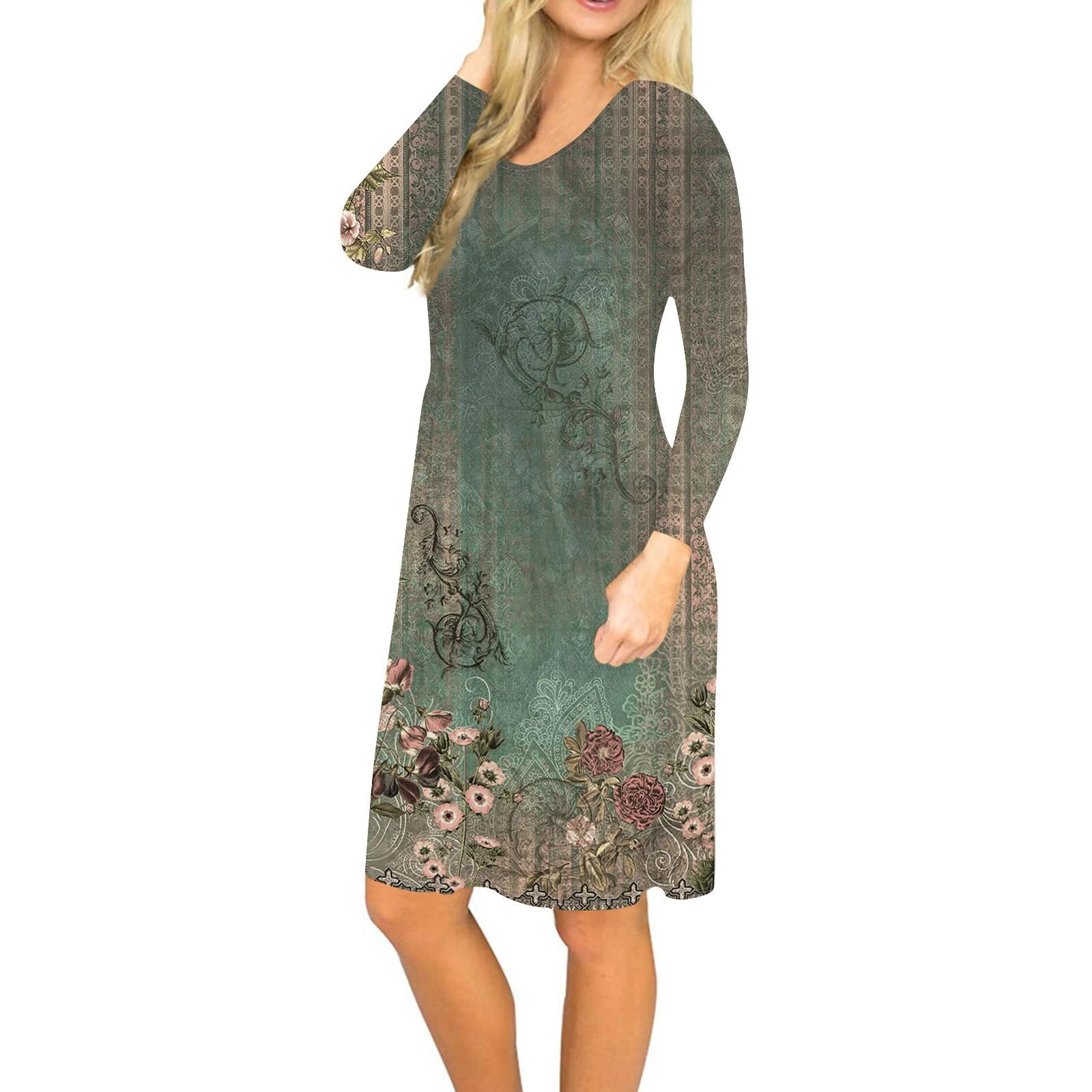 

Women s Long Sleeve Dress Pleated Loose Swing Casual Dress With Pockets Knee Length Dresses S світло-зелений колір