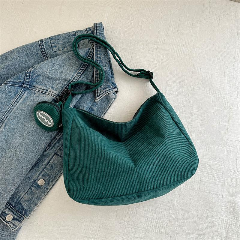 Large Capacity College Girls Simple Book Shoulder Bag Soft Corduroy Female Crossbody Bags Solid Colour Ladies Tote Purse Handbag