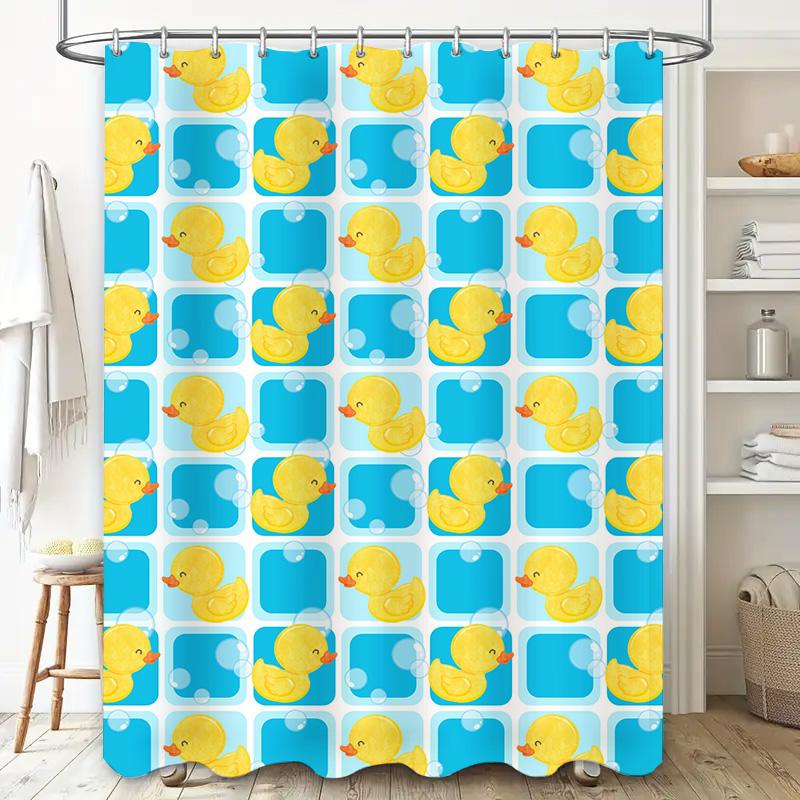 Whimsical Rubber Duck Shower Curtain Bright Blue Yellow Pattern Decorative Waterproof Fabric For Bathroom Accessories Set In Var