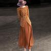 Vintage Lace-Paneled Pleated Long-Sleeve Midi Dress