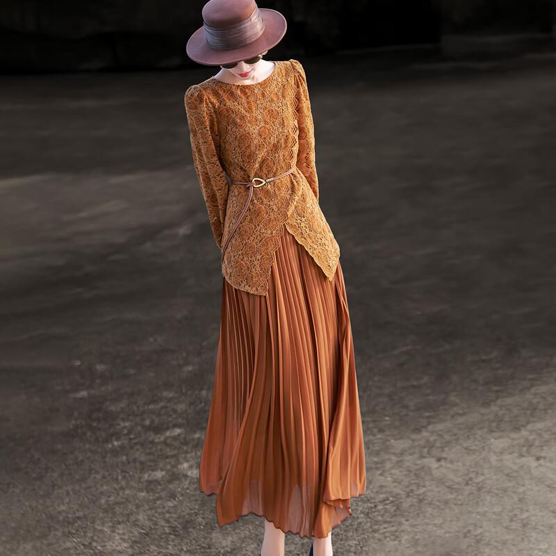 Vintage Lace-Paneled Pleated Long-Sleeve Midi Dress