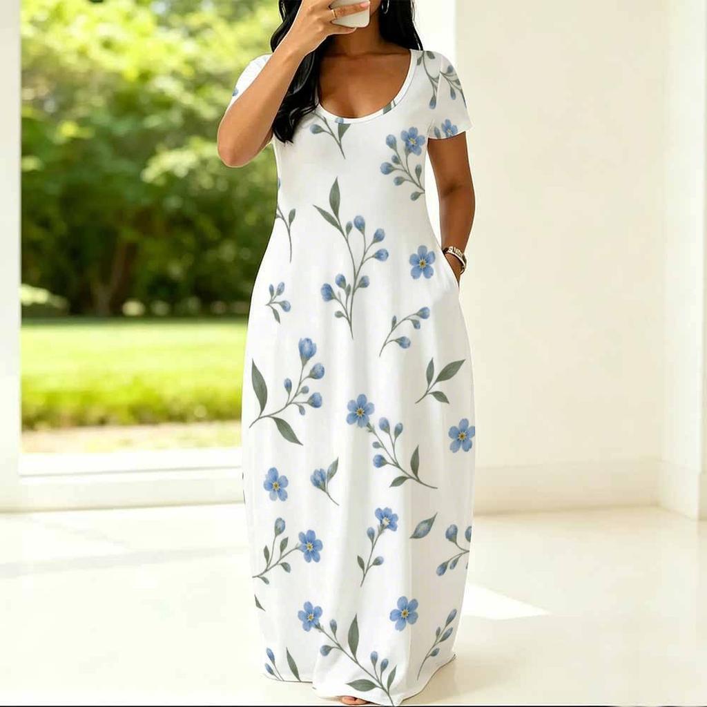 Women Plus Size Round Neck Short Sleeve Floral Printed White Maxi Dress With Side Pockets