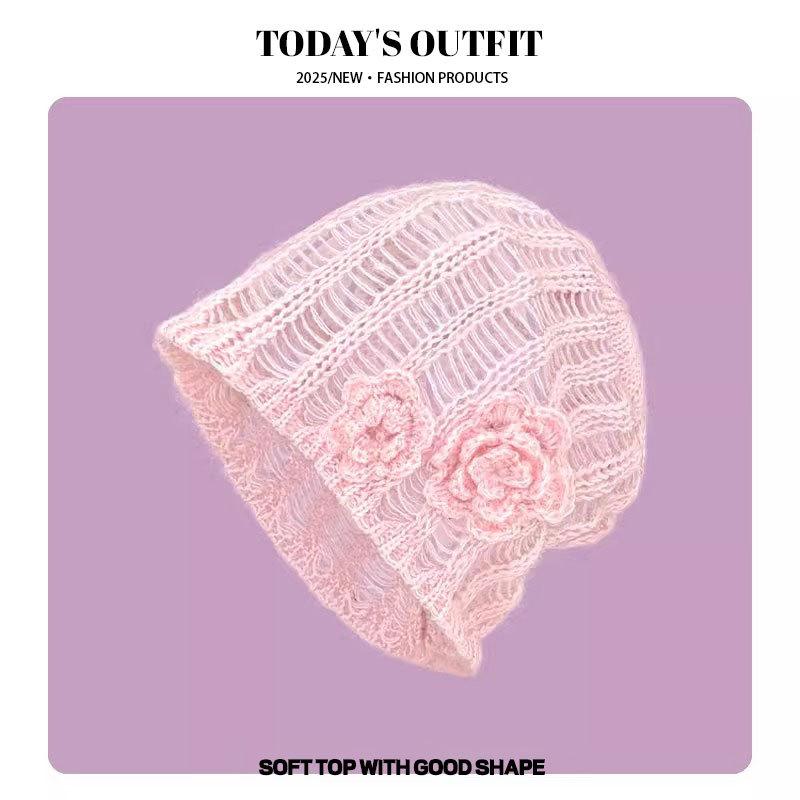 New Spring and Summer Korean Three Dimensional Flower Hollow Pink Knitted Hat for Women with Niche Face Showing Small Wool Hat