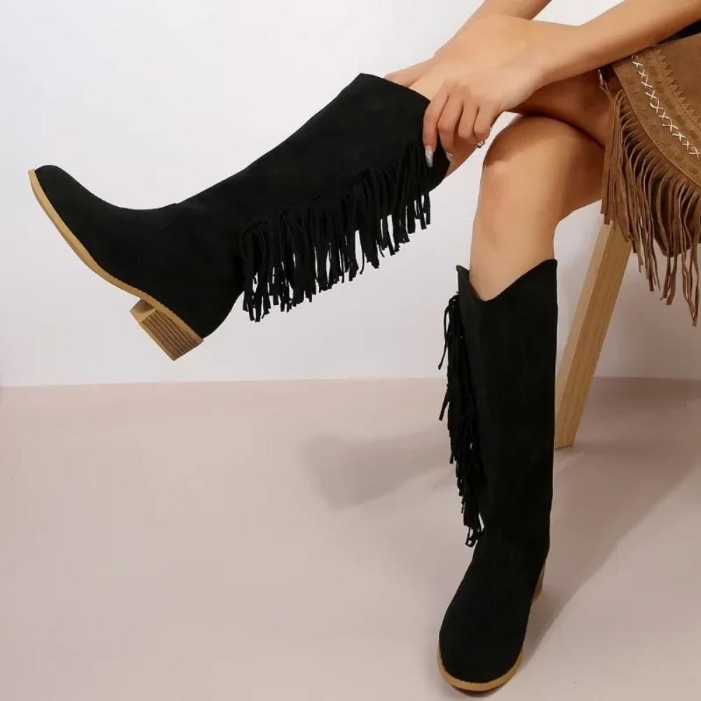 Women's Boots Paired with Tassel Women's Shoes 2024 New Mid Calf High Top Boots with Side Zippers Women's Pointed Low Heel Shoes