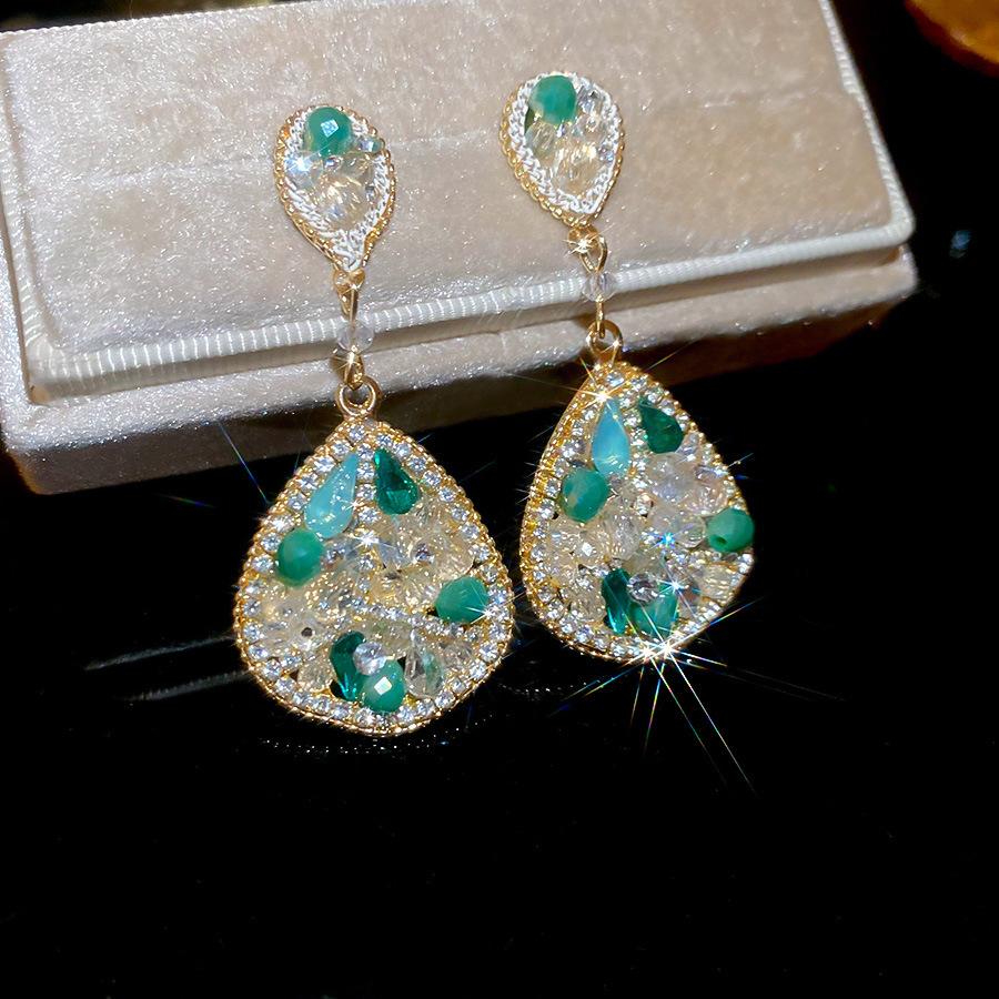 Emerald diamond leaf fringed earrings light luxury stud earrings women's European and American earrings