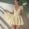 European & American Women's Summer Floral Puff Sleeve V-Neck Slimming Retro Dress