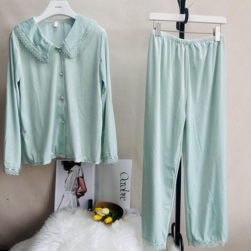 Langarmshirt und Hose 2-teiliger Pyjama für Herbst und Winter für Damen, Samt, Nachtwäsche, Loungewear, Heimkleidung, einfarbig