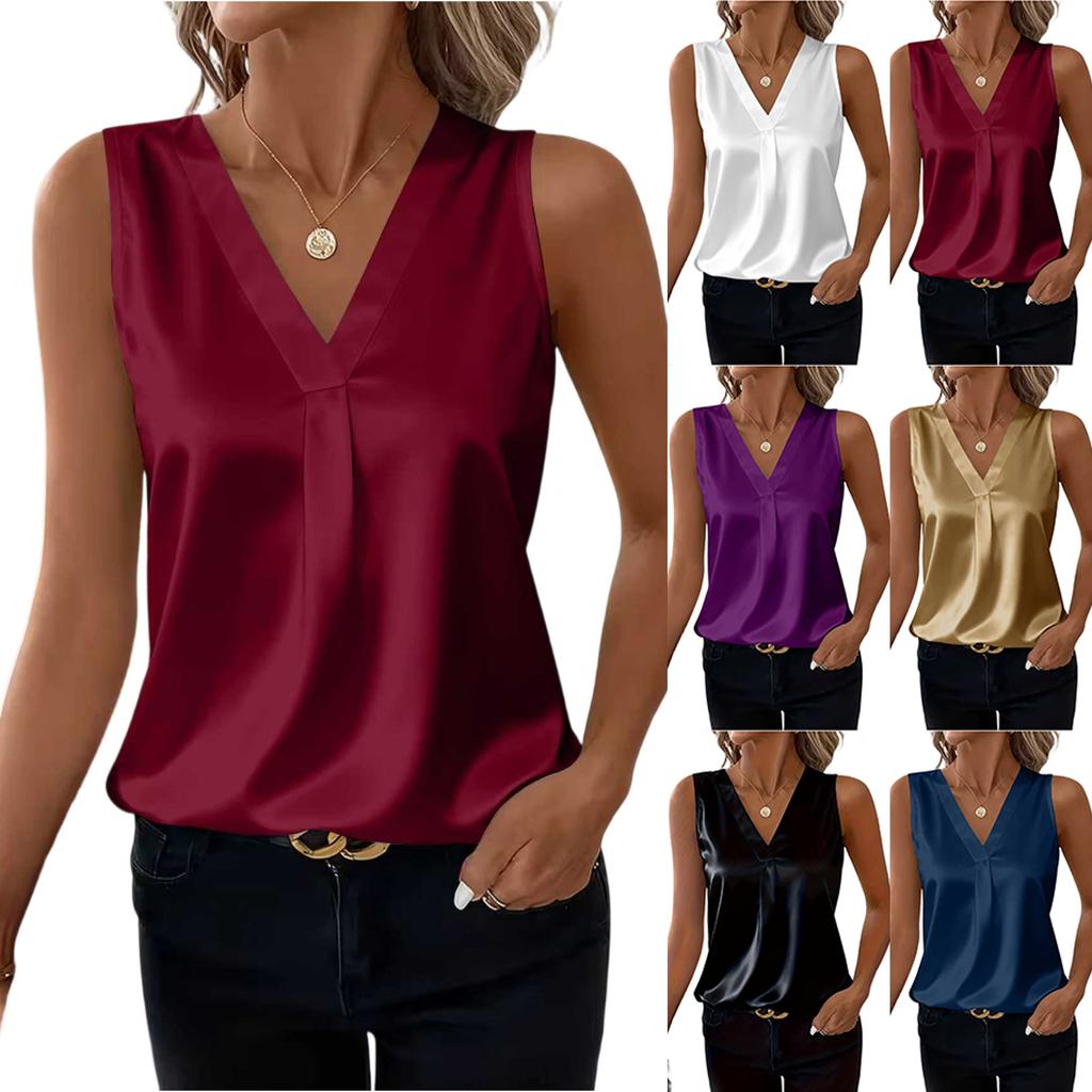 Sleeveless V Neck Blouse for Women Elegant Loose Fit Pleated Front Lightweight Top Comfortable Summer Shirt