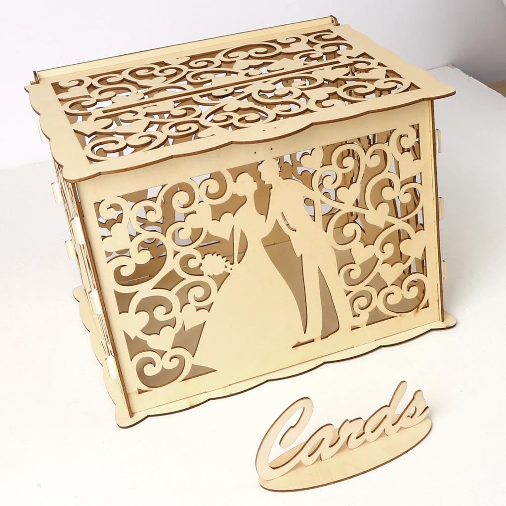 DIY Wedding Card Box Wooden Couple Money Boxes with Lock Hollow Floral Pattern Wedding Decor Gift Envelope Birthday Supplies