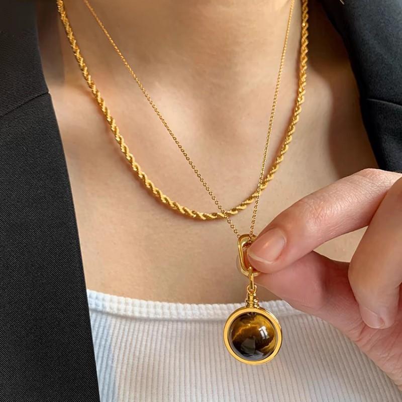 Vintage Style Layered Tiger Eye Stone Necklace Women Men Geometric Design Copper Chain With Twisted Link 51-60cm Length