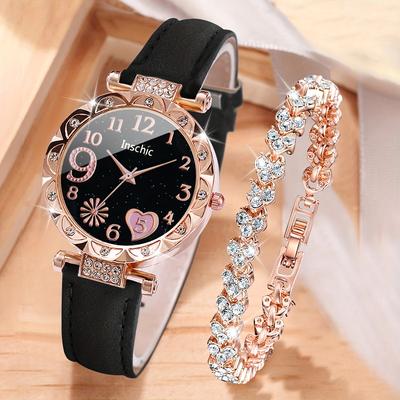 2τμχ/σετ Γυναικείο Casual Ρολόι Quartz με Στρας Καρδιά, Αναλογικό Ρολόι Καρπού από Δέρμα PU & Βραχιόλι, Δώρο Αγίου Βαλεντίνου Για Εκείνη