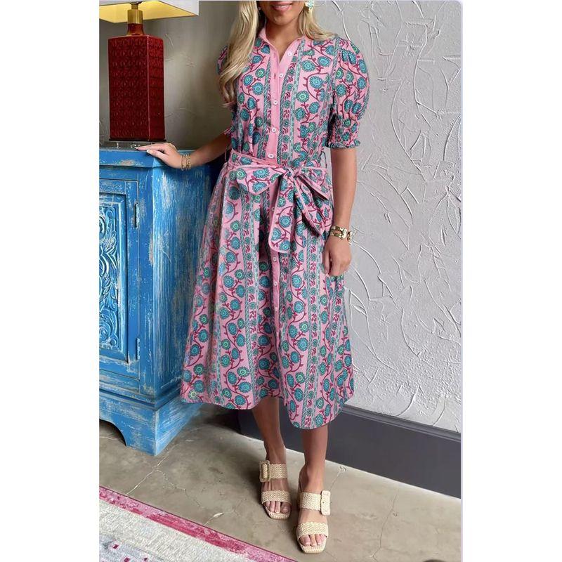 

Fashion Artsy Retro Florals Print Dress Women s Early Spring New Arrival Color Matching High Waist Lace-up Midi Dress Bright powder S