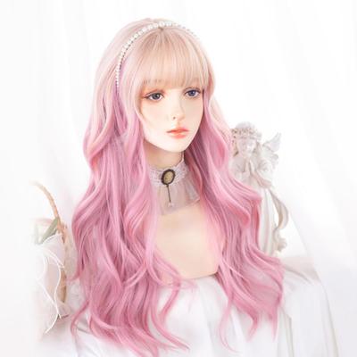 Sizuuenn Lolita Langes Haar Lockiges Haar Farbverlauf Rosa Perücke Niedliche Hitzebeständige Perücke Hochtemperatur-Haarfaden Cosplay Perücke Spezielles Netz Für Veranstaltungen