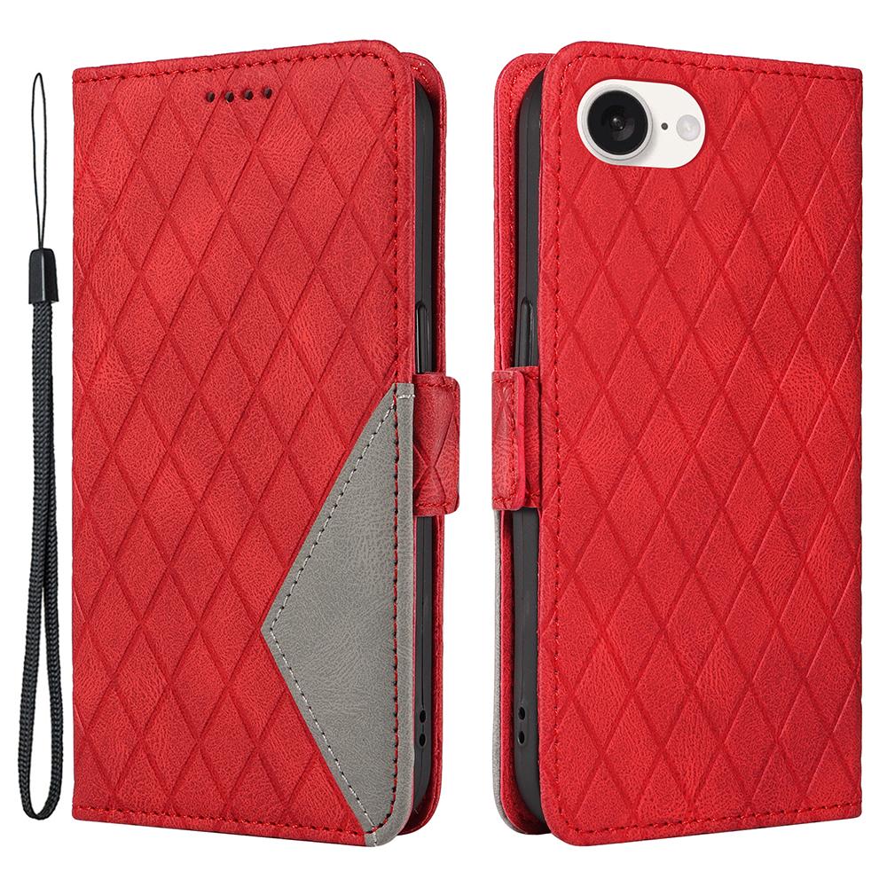 

For iPhone 16e Wallet Case Rhombus Grid Leather Shockproof Phone Cover Red