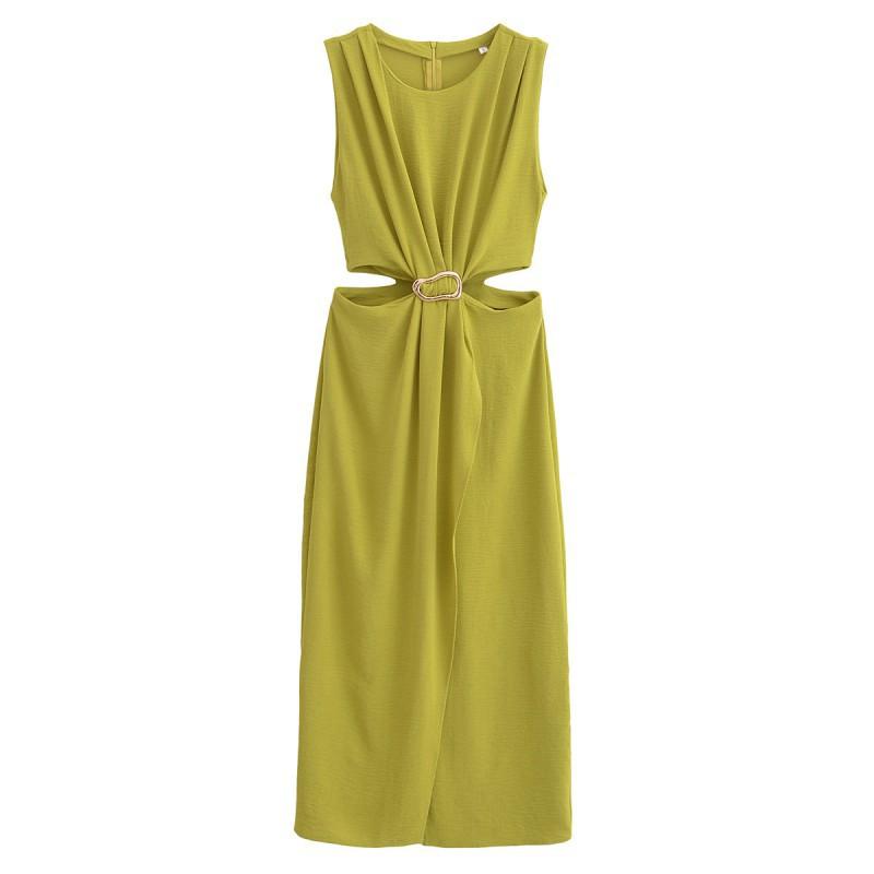

European American Women s Clothing Fashionable Waist Slimming Round Collar Sleeveless Dress XS жовто-зелений