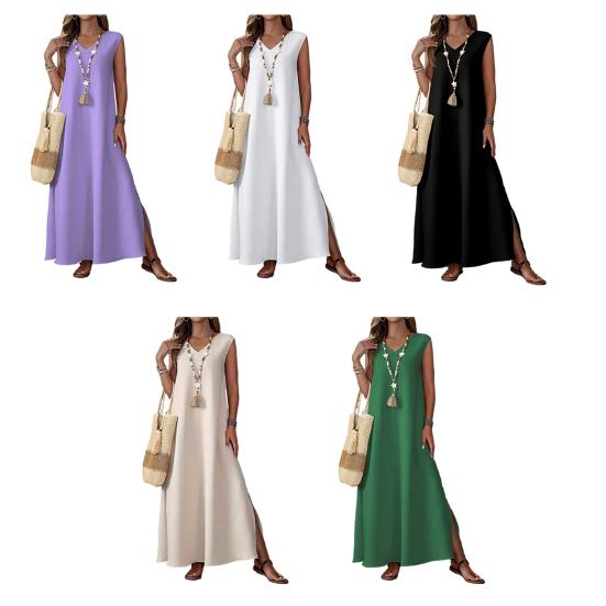 Rochie Maxi Fără Mâneci pentru Femei, Decolteu în V, Despicătură Laterală, Rochie Lungă, Rochie Casual de Vară cu Volan, Rochie Boho de Plajă pentru Vacanță