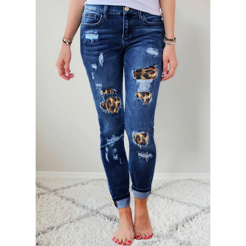 High-Waisted Stretch Denim Jeans Women Distressed Pencil Pants With Leopard Patch Detail Urban Casual Slim Fit