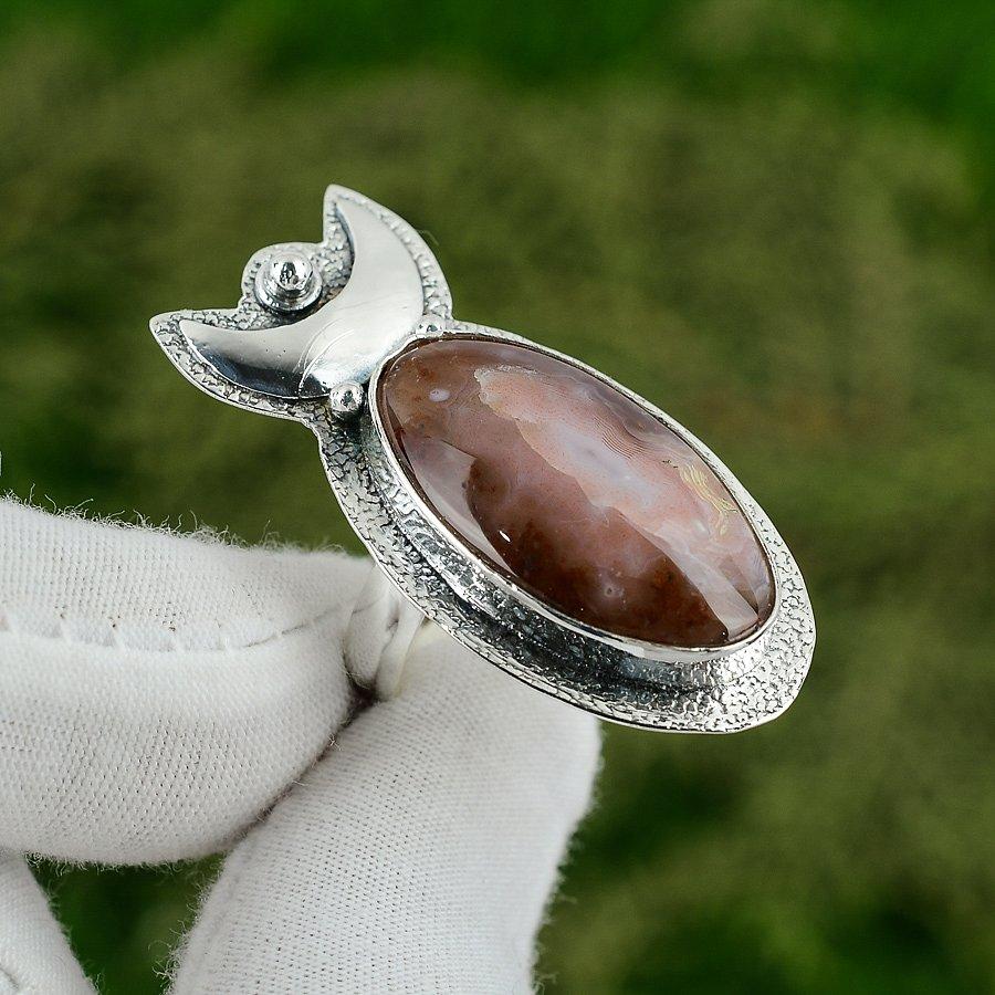 Natural Laguna Lace Agate 925 Silver Crescent Moon Adjustable Ring For Girls Adjustable