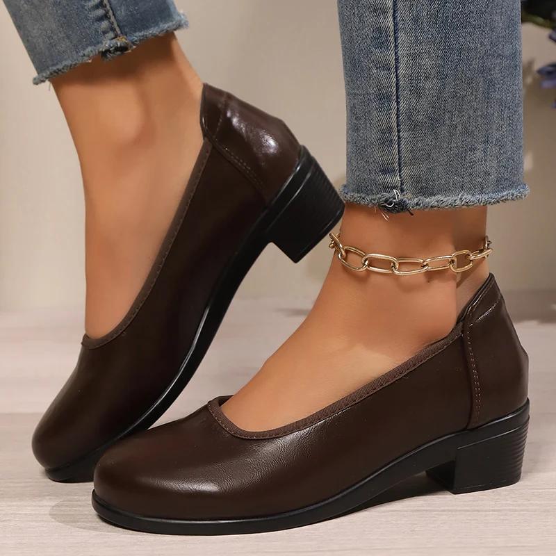 2025 Kožené střední podpatky Pracovní boty Dámské Jarní Plus Size Silné podpatky Lodičky Pohodlné Mělké Kancelářské boty Velikost 42