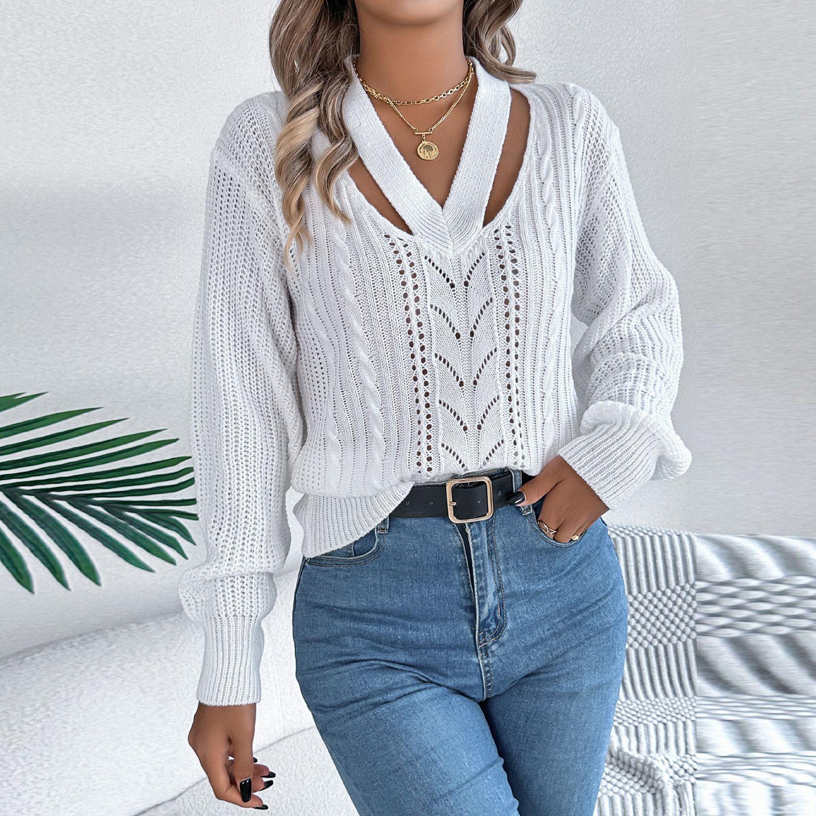 

Женская мода повседневный свободный V-образный вырез однотонный длинный рукав свитер пуловер топ S белый