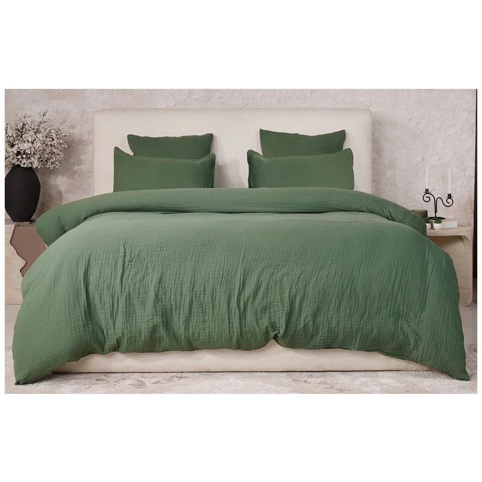 Housse De Couette + Taies Gaze De Coton Lave 220 X 240 Cm Douceur Vert