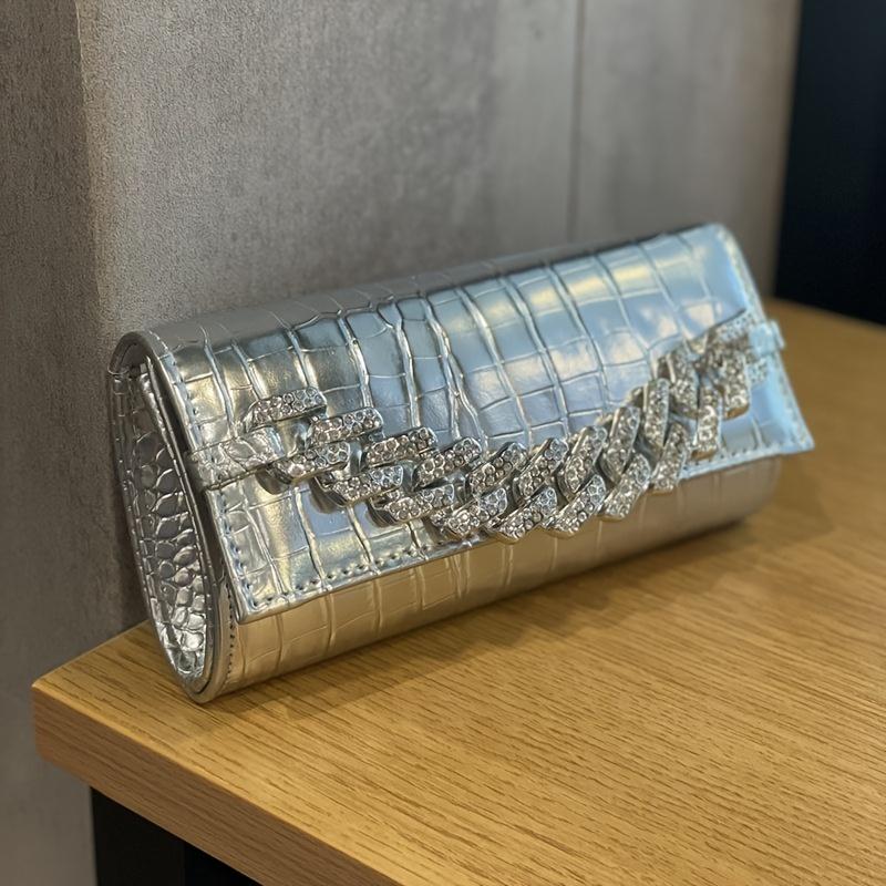 Cross-Border New Shiny Rhinestone Cuban Chain PU Crocodile Pattern Niche Clutch Chain Party Party Women'S Dinner Bag