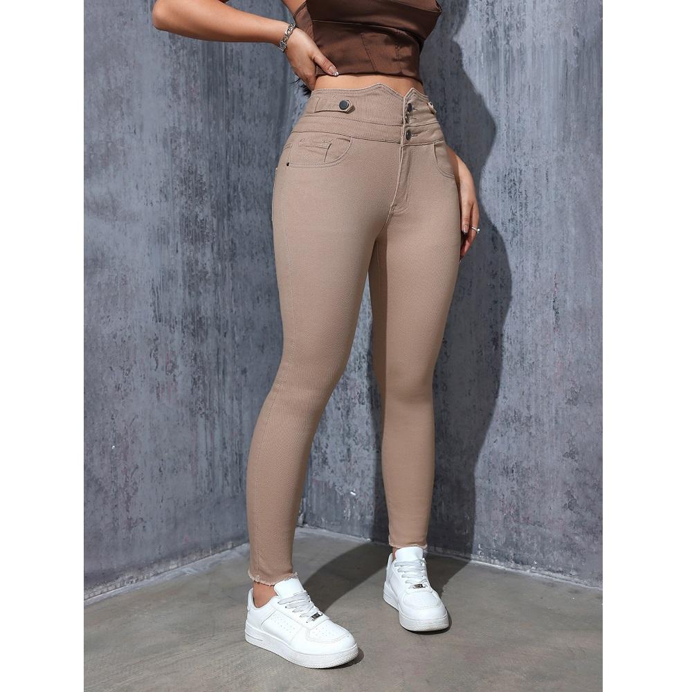 Women High Waist Slim Stretch Denim Jeans Ladies Bodycon Button Pencil Pants
