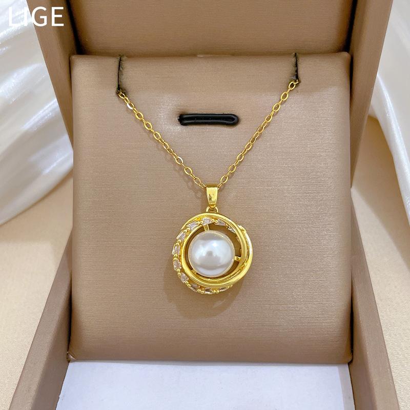 Titanium Steel, Rotating Bird'S Nest Pearl Light Luxury Temperament Gorgeous Full Diamond Necklace Female Versatile Collarbone Chain\