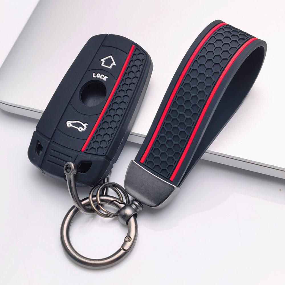 Silicone Car Key Fob Cover with Matching Keychain Compatible with BMW 1 3 5 Series X1 X3 X5 Z4 E90 E91 E92 E60 E61 E87 E84 E83 E70 E89 Provides a