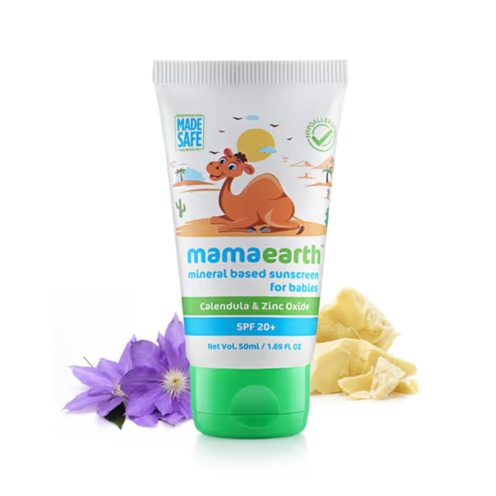 Mamaearth Mineral Sunscreen SPF 20 With Calendula & Zinc Oxide – 50ml Baby Safe Sun Protection, Waterproof & Nourishing