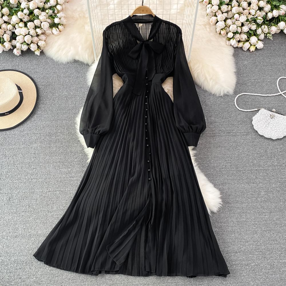 

Осеннее винтажное женское длинное платье, элегантное однобортное плиссированное макси с воротником-бабочкой и рукавом-фонариком, женские красные, фиолетовые платья One Size