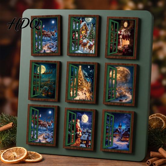 Christmas Fridge Magnet 3Pcs Light-up Window Magnet Wooden Fake Refrigerator Magnets with LED Light Magnetic Decoration for Holiday Party