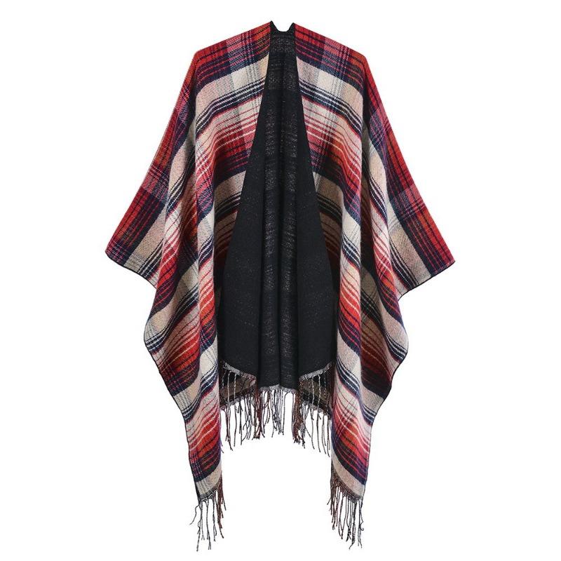 Scottish Classic Plaid Tassel Thick Warm Split Shawl Cape