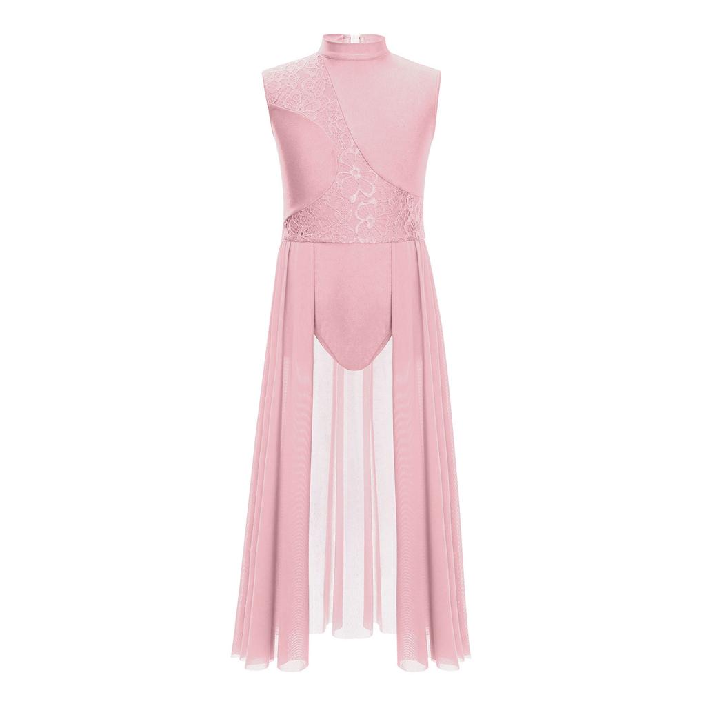 Kinder Mädchen Lyrisches Tanzkleid mit floralem Spitzen-Patchwork: Elegantes Stehkragen- und Cut-out-Rückendesign für Bühnenauftritte