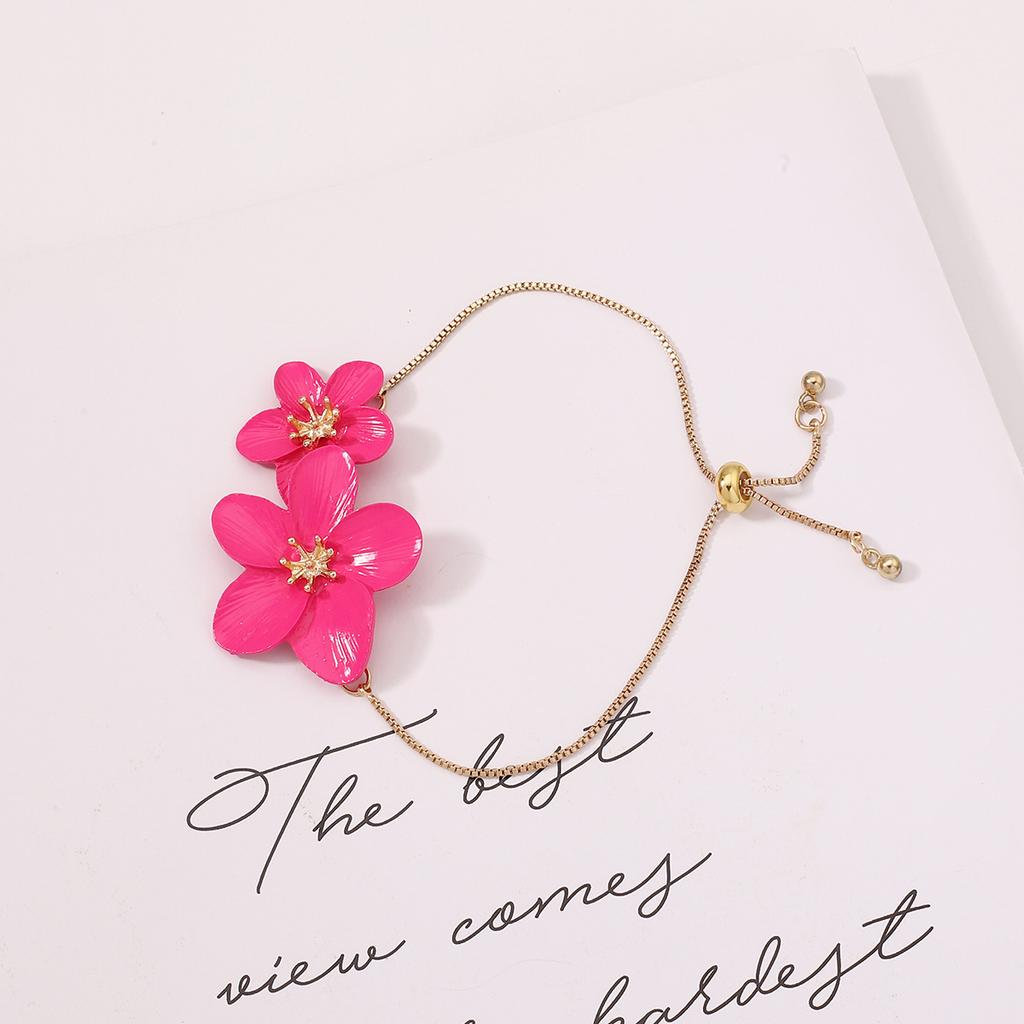 Adjustable Metal Flower Bracelets For Women Fuchsia Color Enamel Summer Style Fashion Jewelry Holiday Accessories Gifts