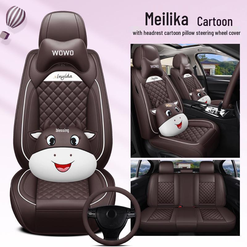 2021 Little Lucky Cow Leather Cartoon Car Seat Cushion for All Seasons - Fits Five Seats
