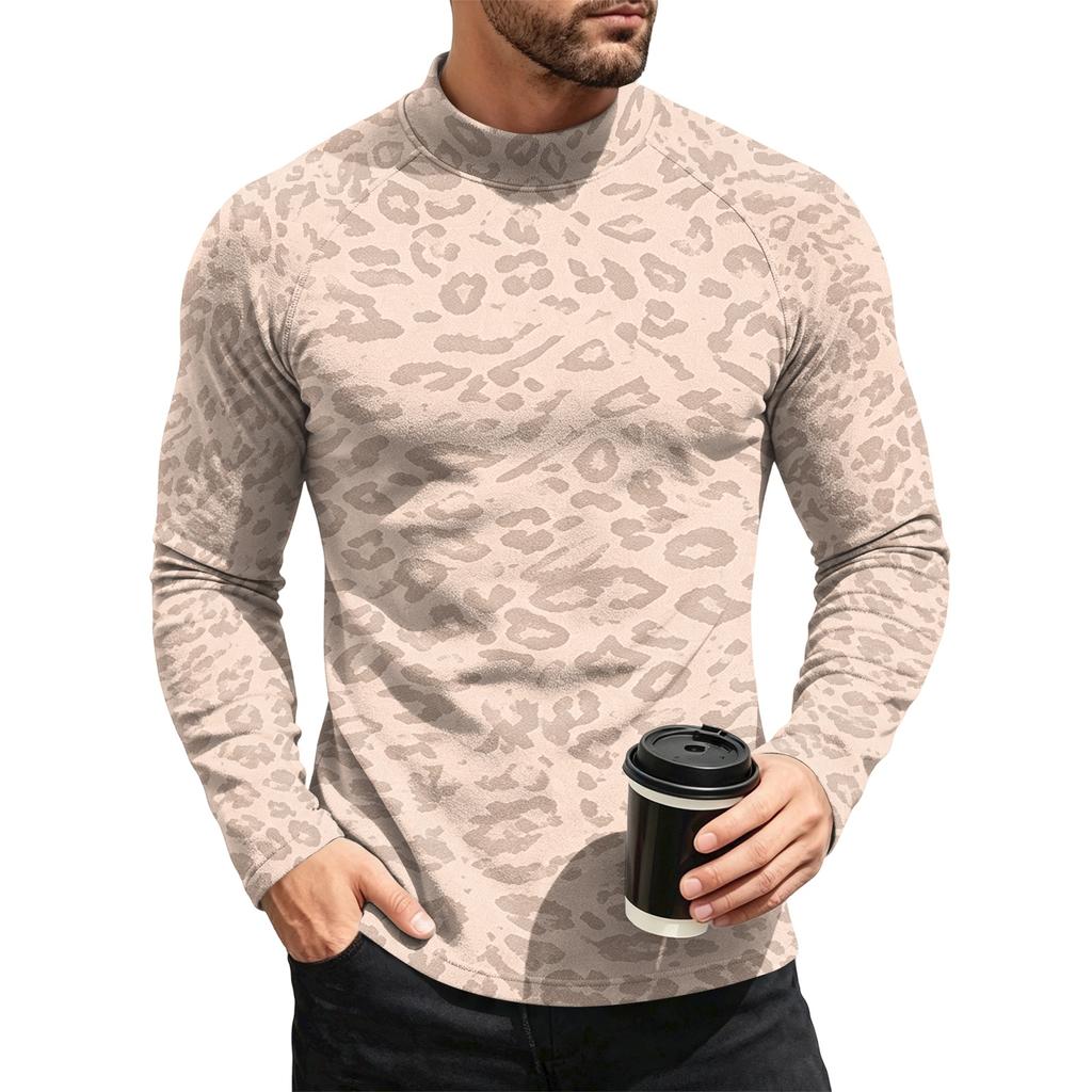Men's Leopard Print Thermal Base Layer Shirt Long Sleeve Neck Undershirt Top for Fall and Winter