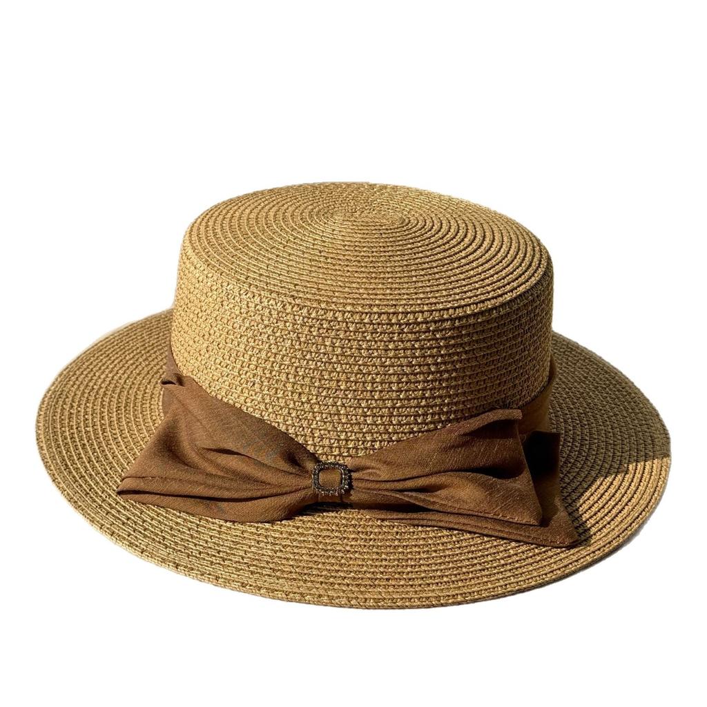 British-style French straw hat for women, spring and summer flat-brimmed straw hat, fashionable and versatile, sun protection hat, flat-top casual