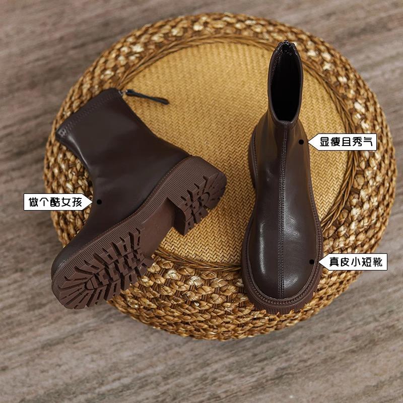 British Martin boots women's short boots thick-soled heightened thin boots rear zipper advanced sense medium heel thick heel single boots children