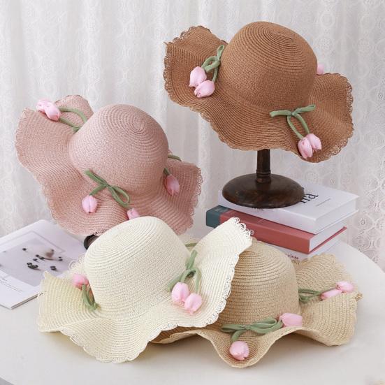 Beach Hat Wave Lace Trim Design Tulip Bow Decor Full Face Sun Protection Large Brim UV Blocking Summer Straw Hat