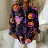 Women Halloween Print Button Down Long Sleeve Fit Shirt Turn Down Collar Casual Top for Autumn Festival