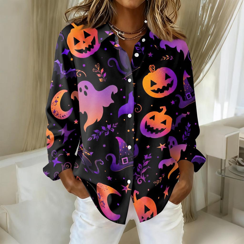 Women Halloween Print Button Down Long Sleeve Fit Shirt Turn Down Collar Casual Top for Autumn Festival