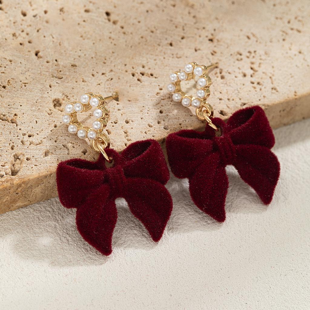 1 Paar elegante und schlichte rote und schwarze Samtschleifenohrringe, Herzanhänger aus Imitationsperlen, Ohrringe für Damen im Urlaubsstil