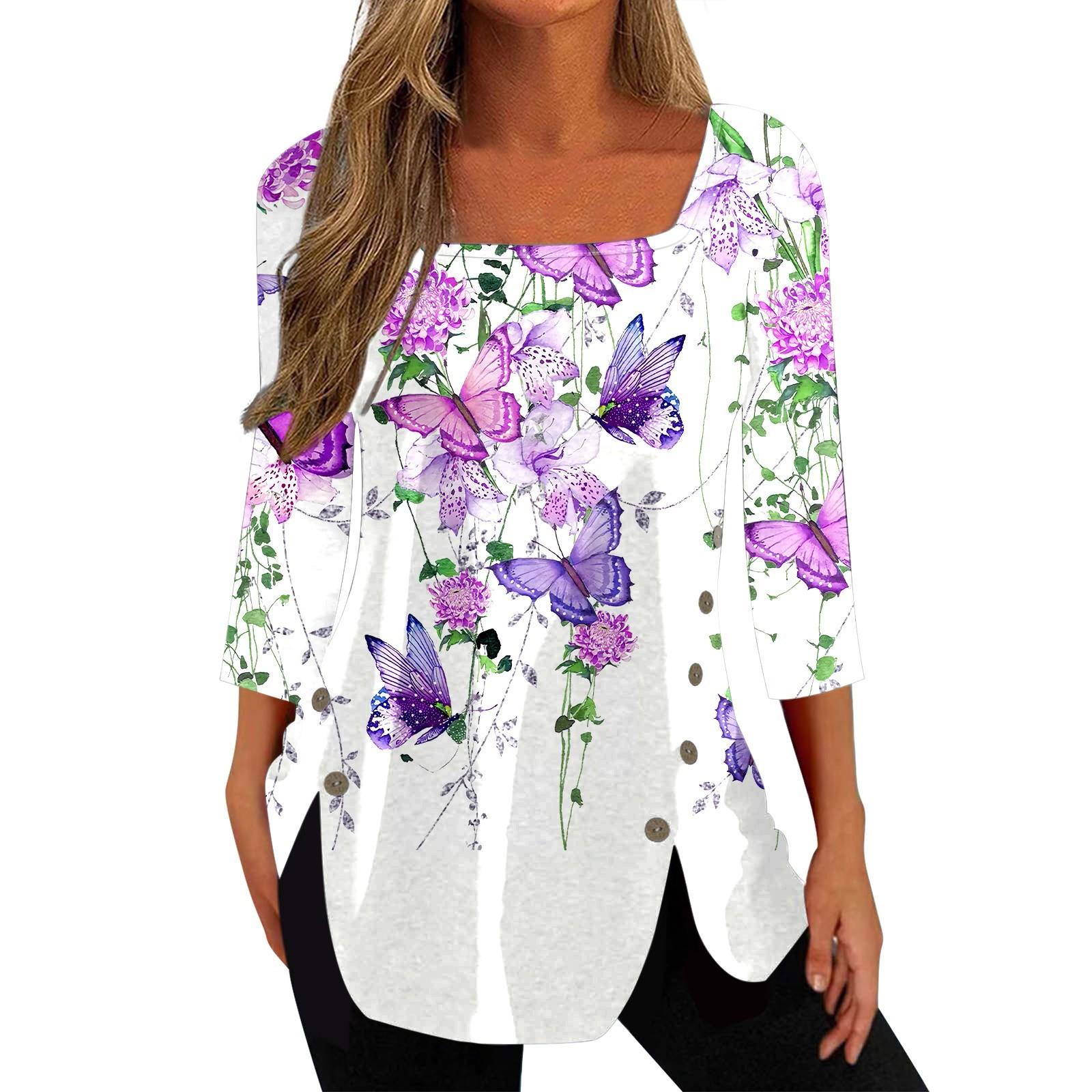 

Summer Women s Fashion Casual 3/4 Length Sleeve Flower Print Lace Square Collar Pullover Top Blouse XXXL