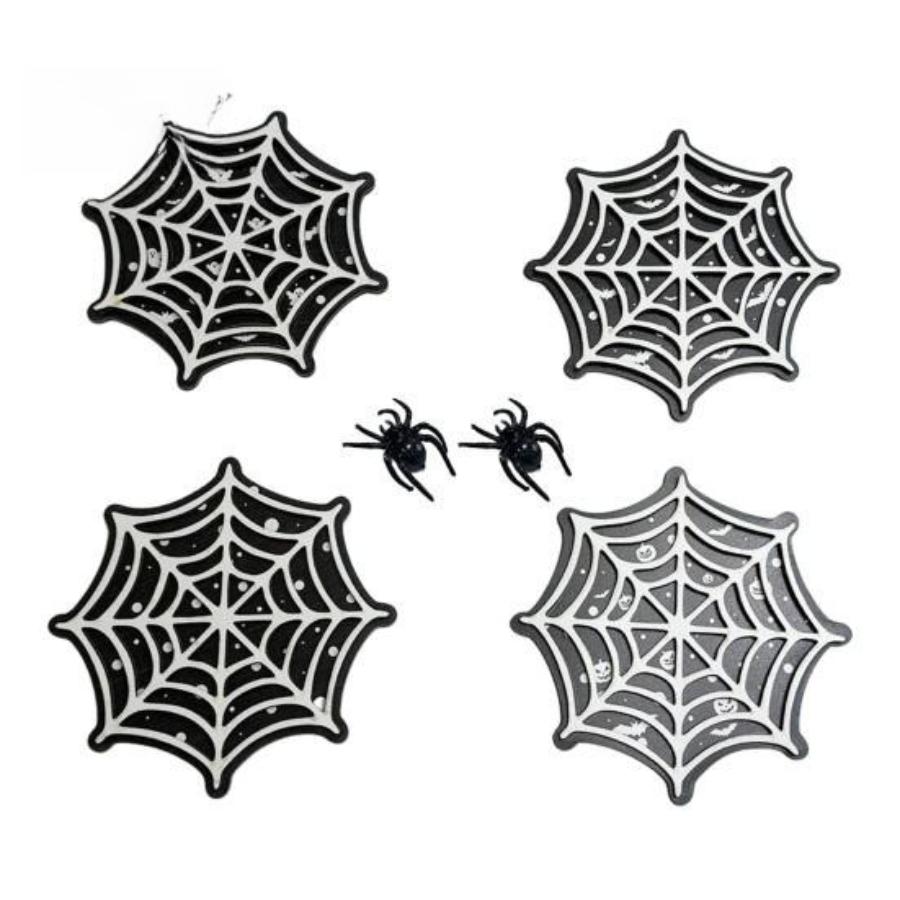 Decorative Mats for Party Halloween Spider Web Wooden Coaster Anti-Slip Wood Cup Mat with Figurine Natural Pine Coasters Thermal Insulated