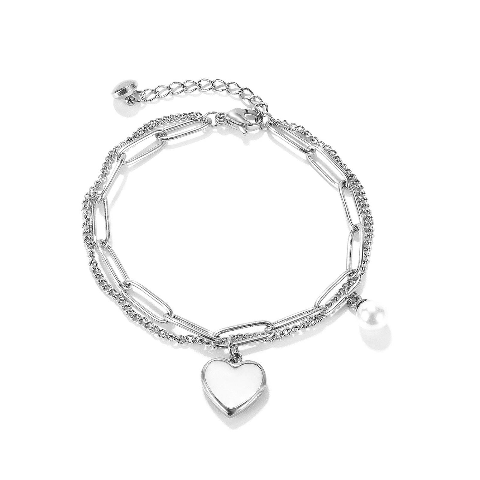 Fashion Minimalist Double Layer Chain Imitation Pearl Heart Bracelet Stainless Steel Jewelry Gift