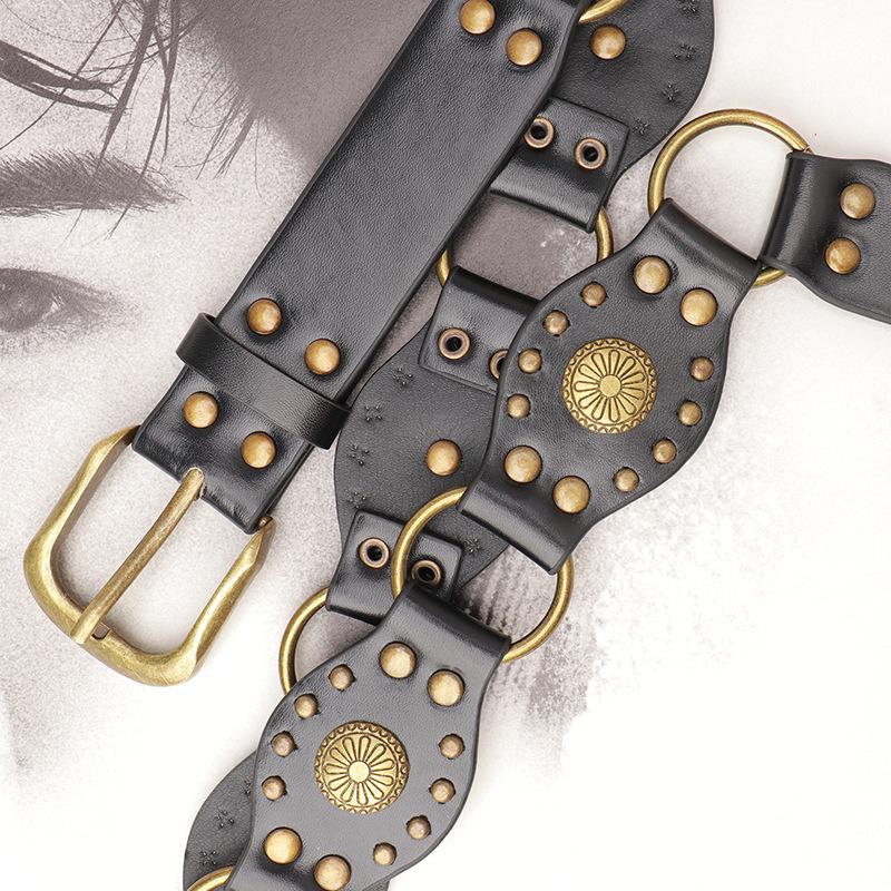 Vintage Belt Female American Heavy Industry Metal Hottie Rivet Corns Splicing Wide Waist Seal Punk Personalized Belt