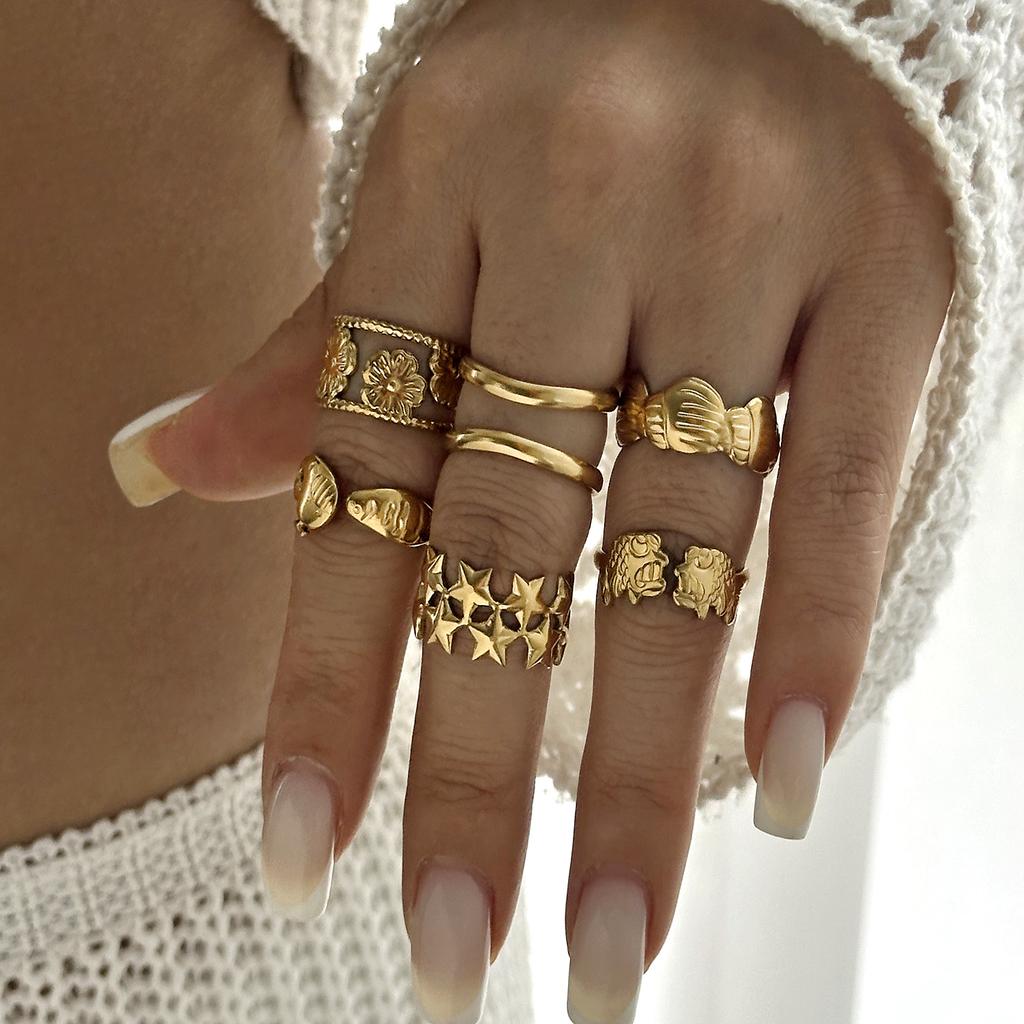 European and American Fashion Shell Starfish Open Rings For Women Gold Color Stainless Steel Adjustable Ring Party Jewelry Gift