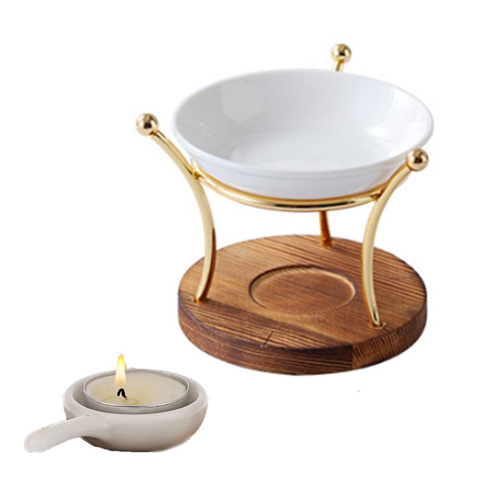 Ceramics Tealight Wax Warmer Essential Oil Burners Heater with Wood Stand Candleholder Aromas Lamp Stove for Meditations