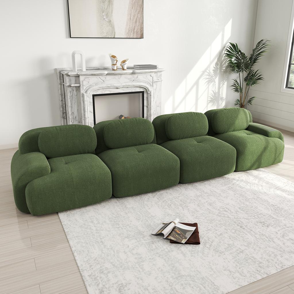 4-Seater Sofa Soft Corduroy, Frameless, 32D High-Elastic Padding, Pet-Friendly, Vacuum-Packed, Combinable, No Assembly for Bedroom and Office, Green